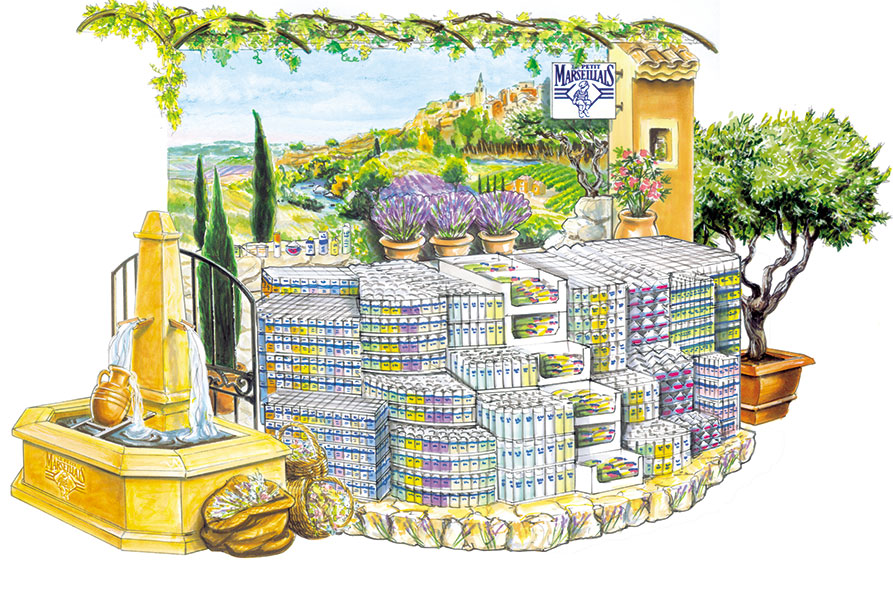 Rough esquissé aux feutres pour PLV - Annonceur : Le Petit Marseillais  - Agence : BIVOUAC